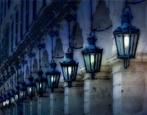 Blue Lamps on Columns Blue Night on Canvas
